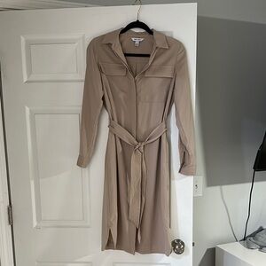 Nine West Tan Asymmetrical Wrap Dress with Notched Collar